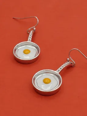 Silver Metal Fried Egg in a Pan Dangle Earrings