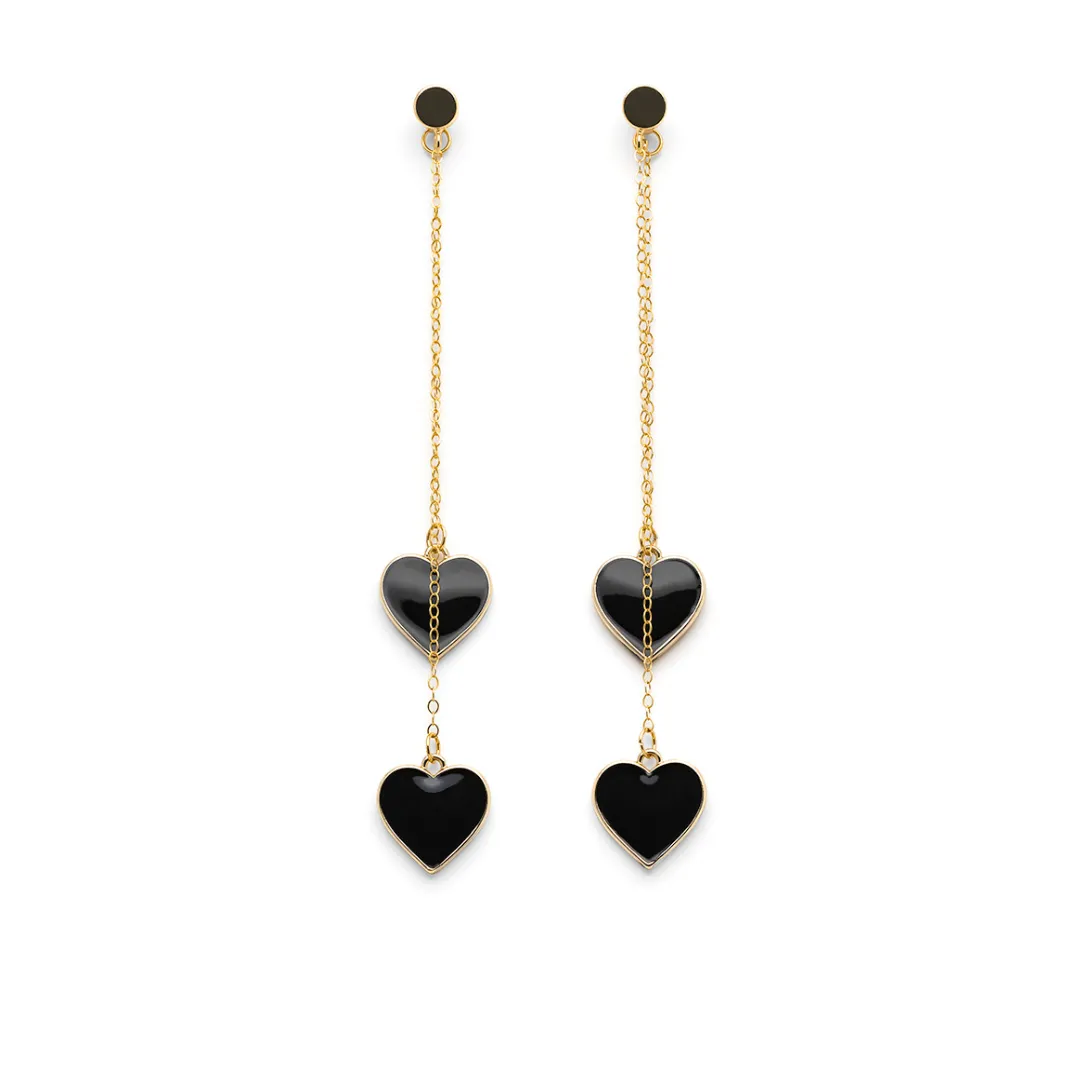 Single Hearted Girl Dangle Black Heart Charm Earrings
