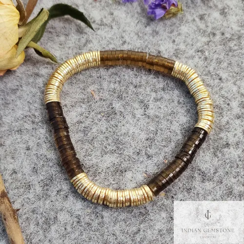 Smooth Beads Smoky Bracelet, Gold Plated Heishi Bead Bracelet, Heishi Bracelet, Heishi Stacking Bracelet,Stretchable Bracelet, New Year Gift
