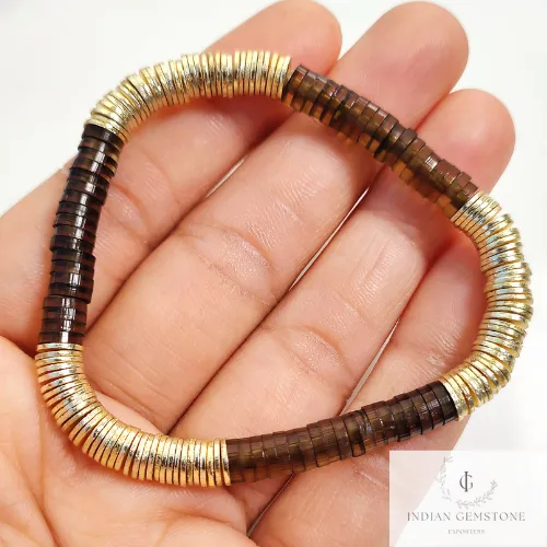 Smooth Beads Smoky Bracelet, Gold Plated Heishi Bead Bracelet, Heishi Bracelet, Heishi Stacking Bracelet,Stretchable Bracelet, New Year Gift