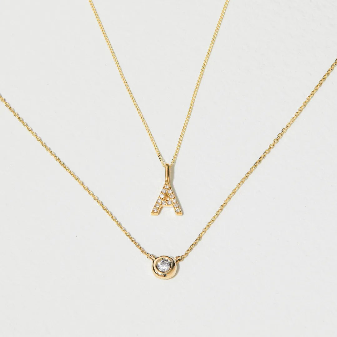 Solid Gold Genuine Diamond Initial Letter Necklace