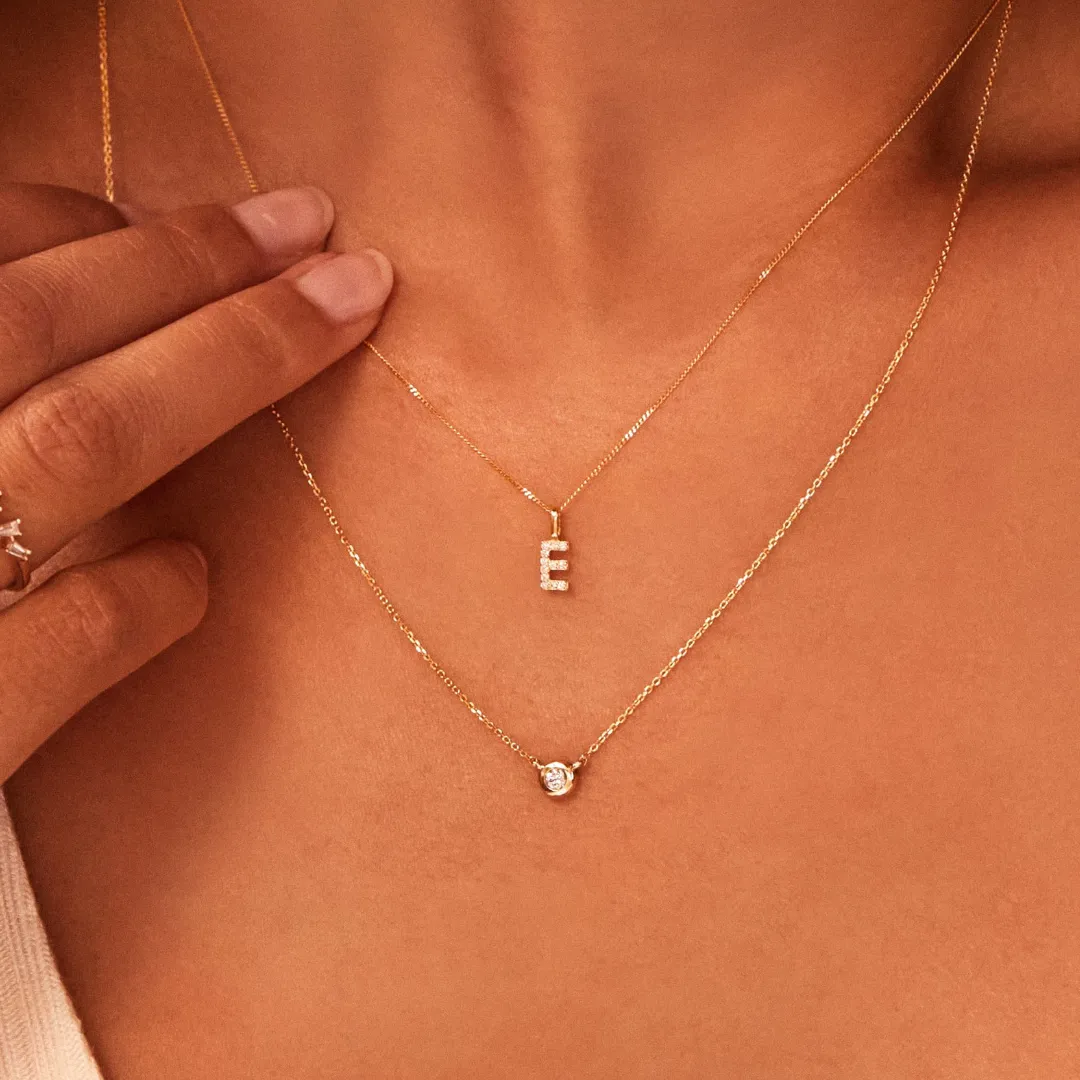 Solid Gold Genuine Diamond Initial Letter Necklace