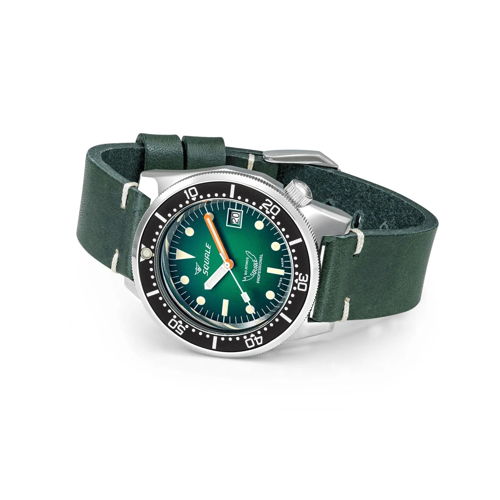 Squale 1521 Swiss Made Divers Watch - Green Ray Dial - Leather Strap