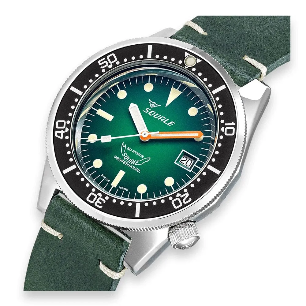 Squale 1521 Swiss Made Divers Watch - Green Ray Dial - Leather Strap