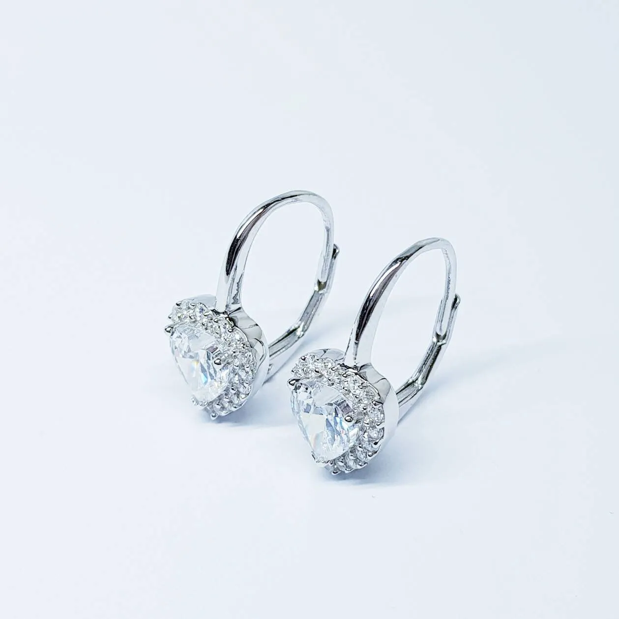 Sterling Silver heart earrings, lever back drop earrings, heart shaped earrings, diamond halo earrings, bridesmaid earrings