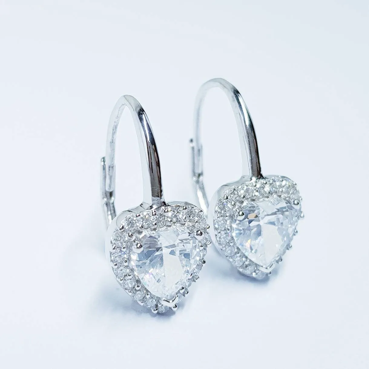 Sterling Silver heart earrings, lever back drop earrings, heart shaped earrings, diamond halo earrings, bridesmaid earrings
