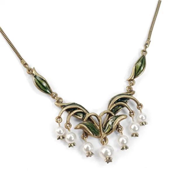 Sweet Romance Lily of the Valley Flower & Glass Pearls Necklace