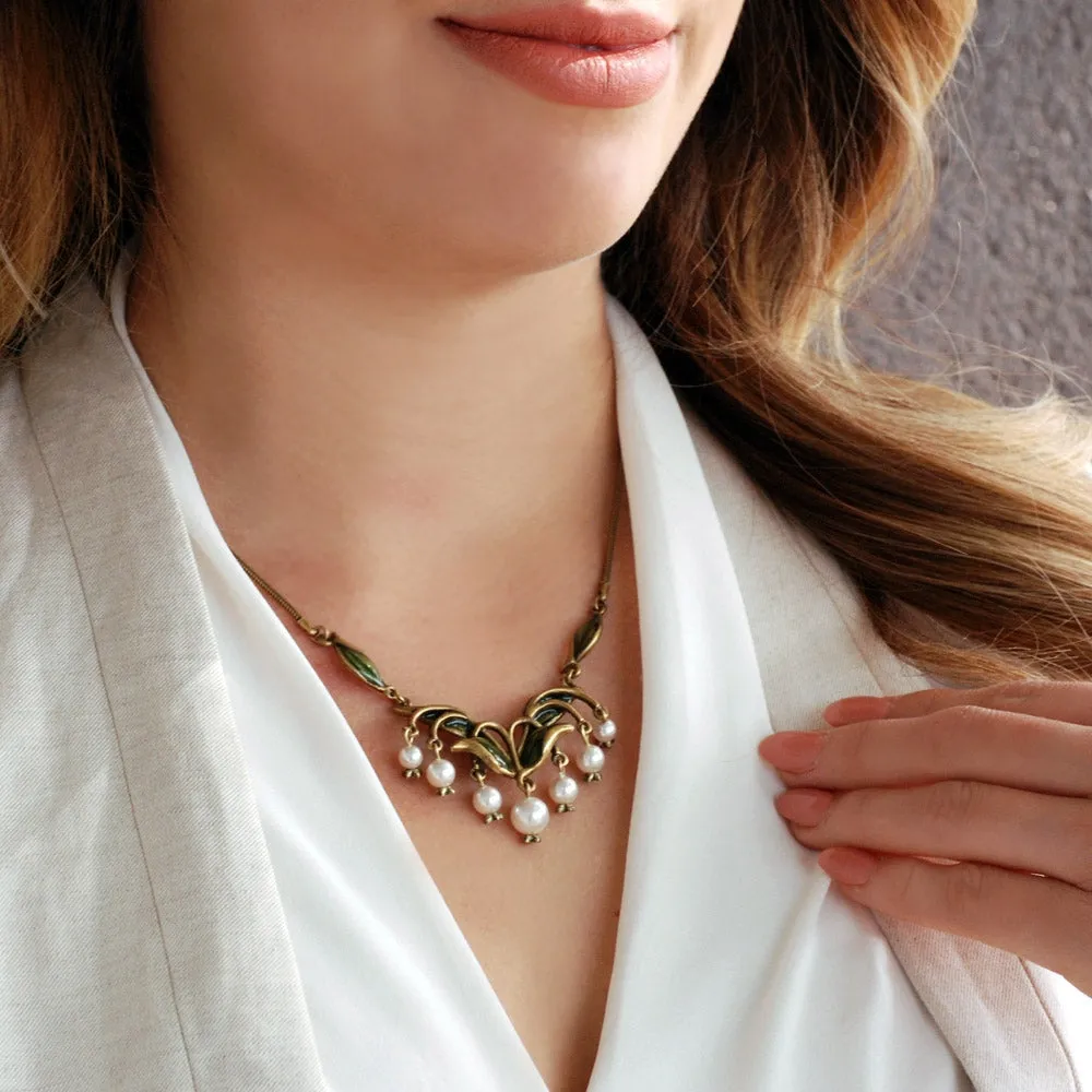 Sweet Romance Lily of the Valley Flower & Glass Pearls Necklace