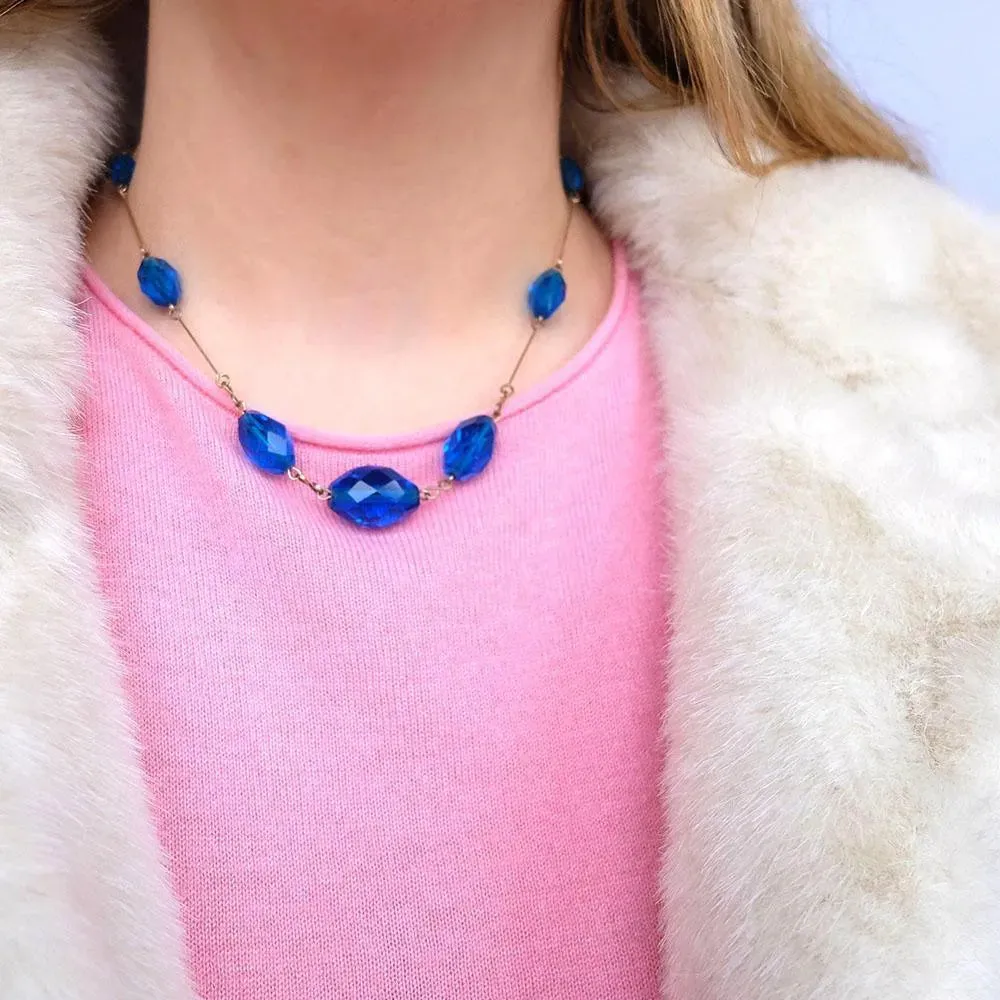 Vintage 1930's Art Deco Rolled Gold Cobalt Blue Necklace